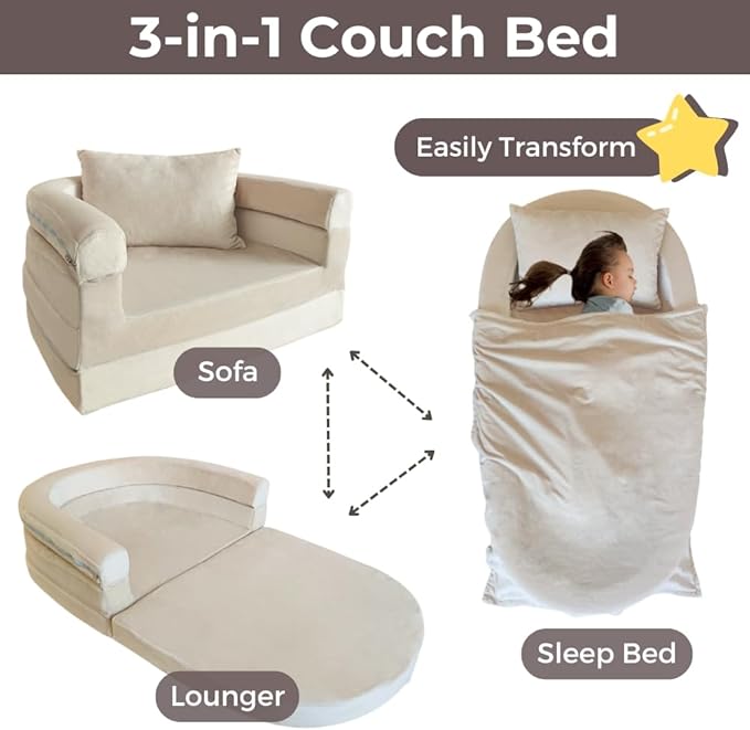 3-in-1 Convertible Kids Foam Couch with Pillow & Blanket - No Assembly Needed