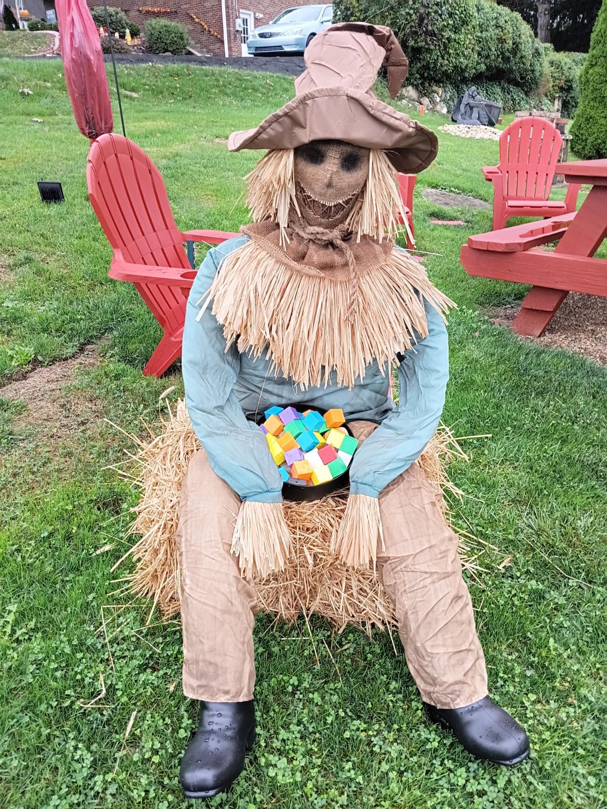 Terrifying Sitting Scarecrow Prop with Candy Bowl