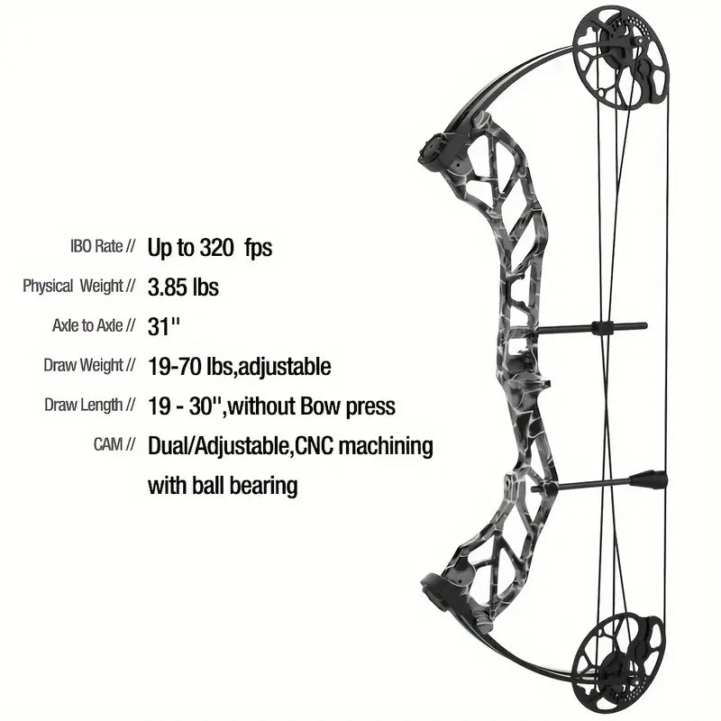 Adjustable Compound Bow Set for Adults & Teens – 19-70lbs, 320FPS, Ready-to-Shoot Hunting & Target Archery Kit