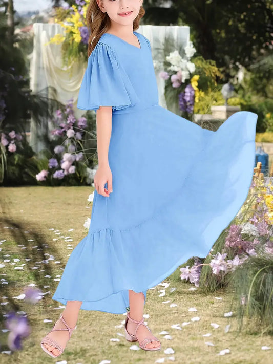 Girls Junior Bridesmaid Dress V Neck Ruffle Short Sleeve High