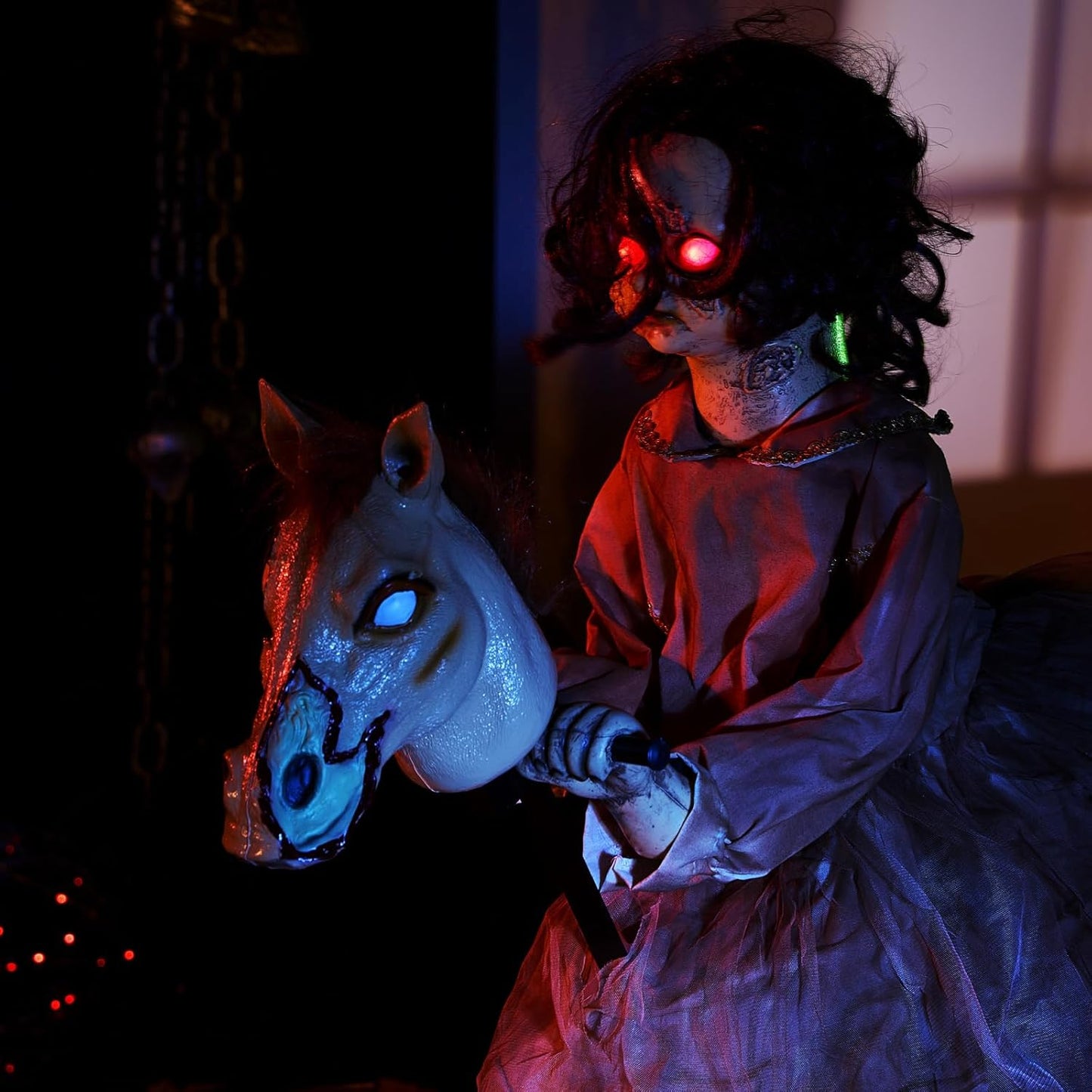 Life-Size Creepy Animatronic Doll on Rocking Horse with Sound & Motion