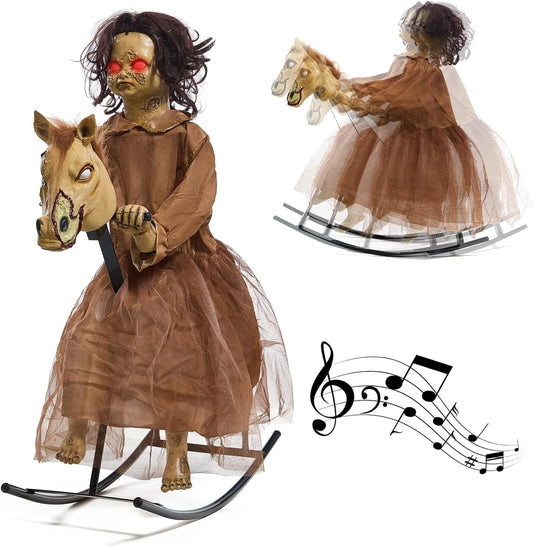 Life-Size Creepy Animatronic Doll on Rocking Horse with Sound & Motion