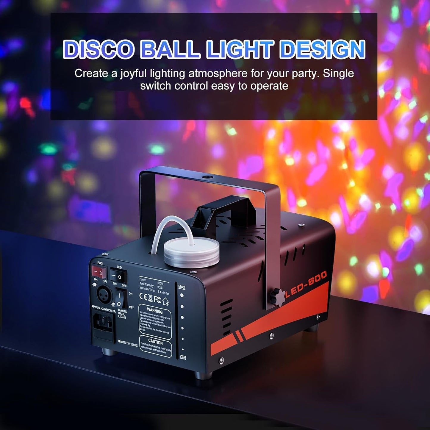 Party Fog Machine with Colorful LED Lights & Disco Ball Effect
