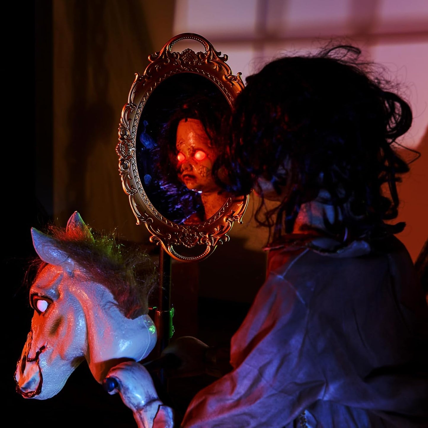 Life-Size Creepy Animatronic Doll on Rocking Horse with Sound & Motion