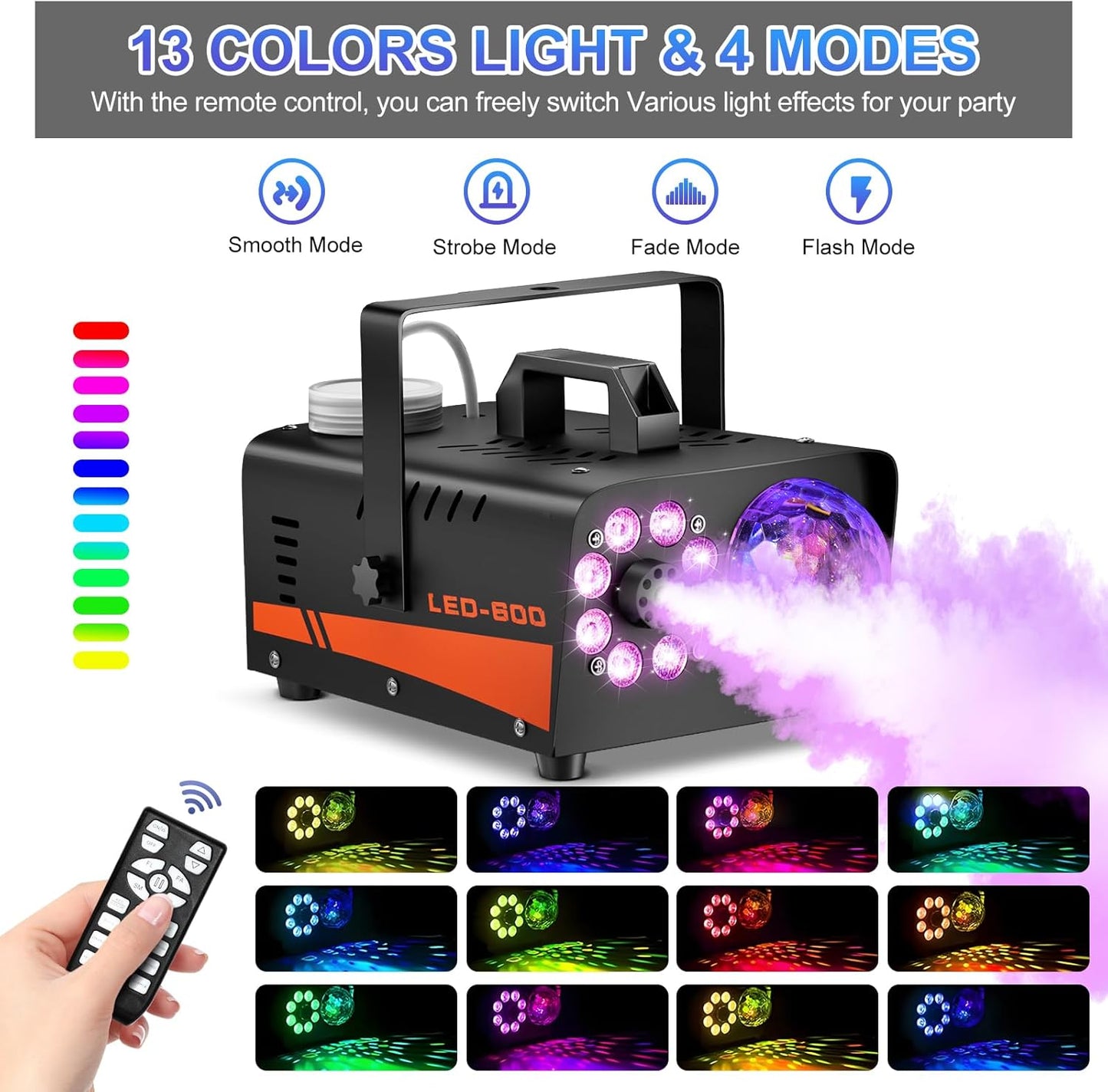 Party Fog Machine with Colorful LED Lights & Disco Ball Effect