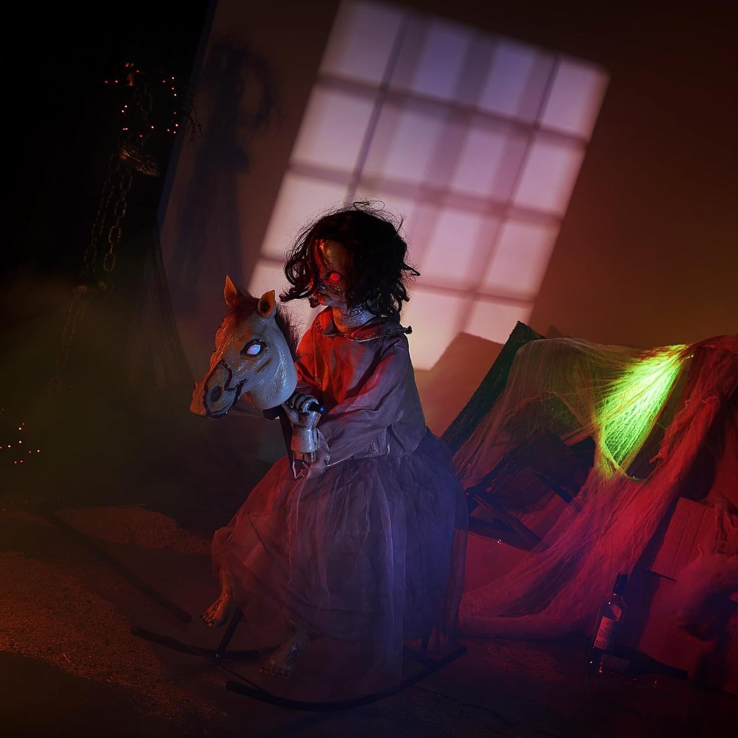 Life-Size Creepy Animatronic Doll on Rocking Horse with Sound & Motion
