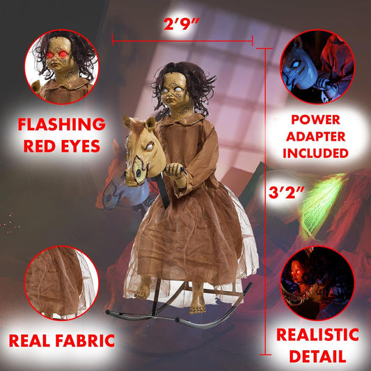 Life-Size Creepy Animatronic Doll on Rocking Horse with Sound & Motion