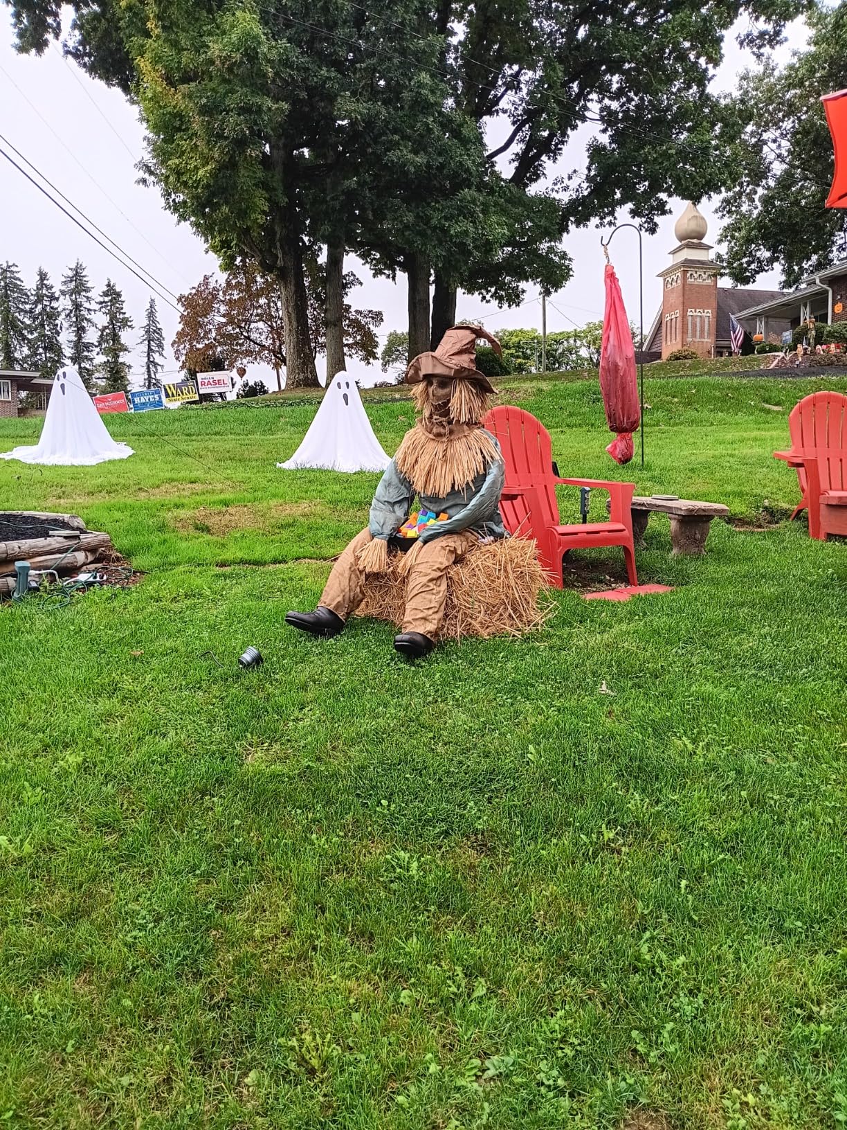 Terrifying Sitting Scarecrow Prop with Candy Bowl