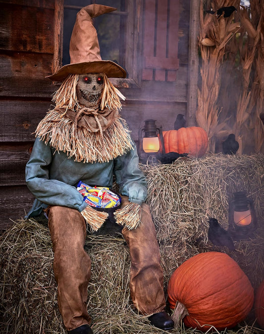 Terrifying Sitting Scarecrow Prop with Candy Bowl