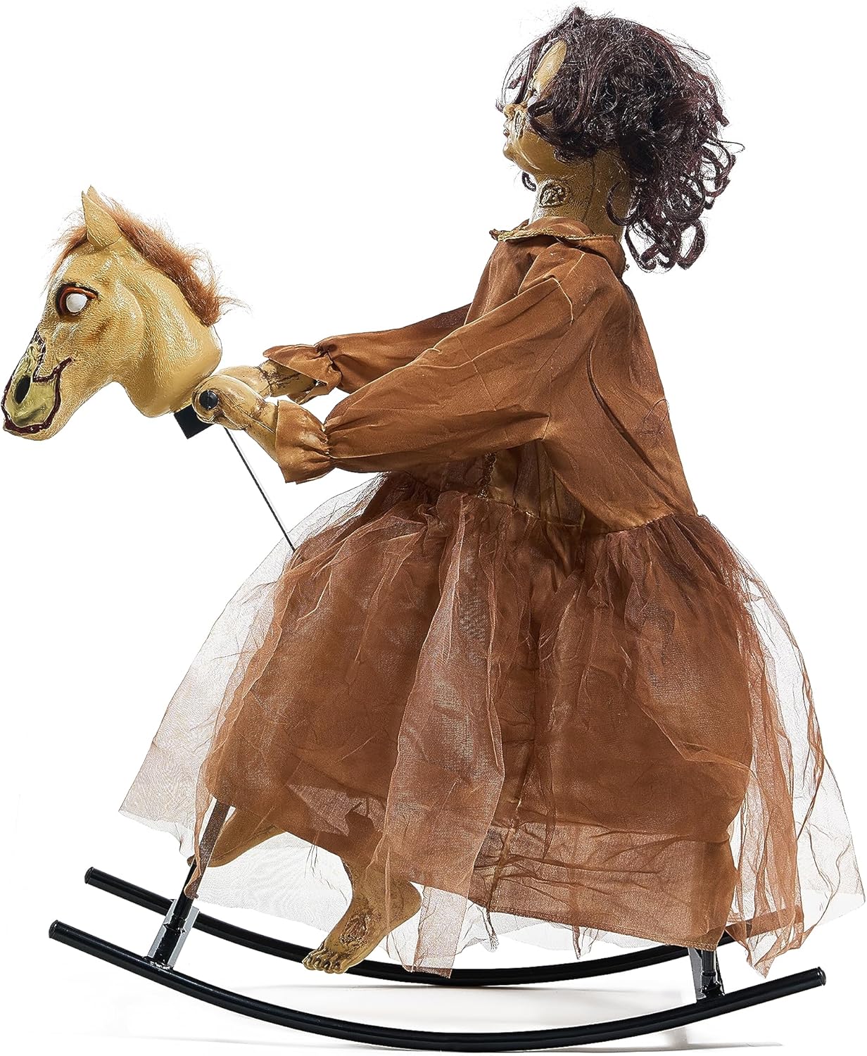 Life-Size Creepy Animatronic Doll on Rocking Horse with Sound & Motion