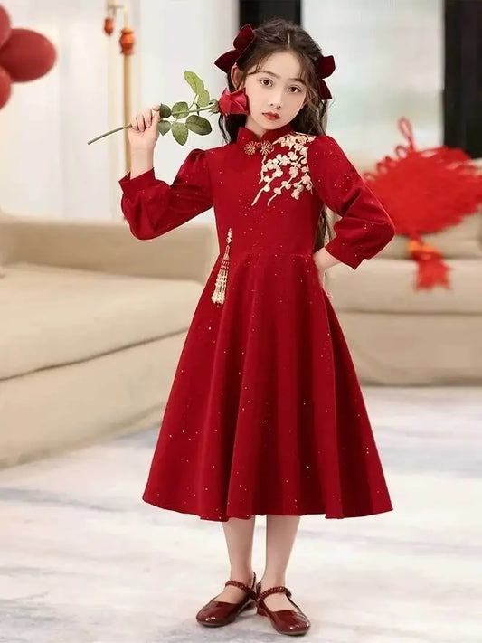 Girls' Elegant Red Formal Princess Performance Dress - Long Sleeve Party Wedding