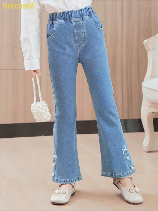 Girls' Slim-Fit Wide-Leg Jeans with Pearl Embellishments - Mid-to-Large Size