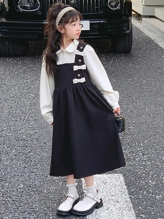 Girls' Preppy Style Dress with Fake Two-Piece Design - Long Sleeve, Black